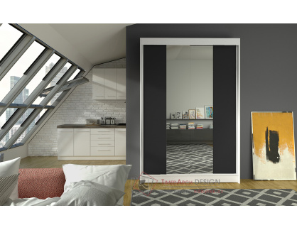 LINORA II, šatní skříň s posuvnými dveřmi 120cm, bílá / černá / zrcadlo
