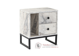 GLIMMER, noční stolek se 2-ma zásuvkami, černá / bílý mramor