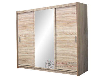MONZA, šatní skříň s posuvnými dveřmi 250cm, dub sonoma / zrcadlo