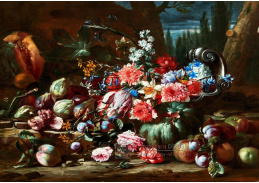 A-1850 Abraham Brueghel - Tulipány, narcisy, růže a jiné květiny s různým ovocem a stříbrnou vázou