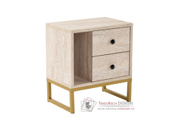GLIMMER, noční stolek se 2-ma zásuvkami, zlatá / traventin