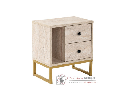 GLIMMER, noční stolek se 2-ma zásuvkami, zlatá / traventin