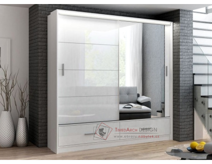 MARSYLIA, šatní skříň s posuvnými dveřmi s 2-mi zásuvkami a LED osvětlením 203cm, bílá / bílý lesk / zrcadlo