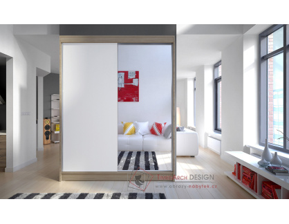 CAMILA I, šatní skříň s posuvnými dveřmi 150cm, dub sonoma / bílá / zrcadlo