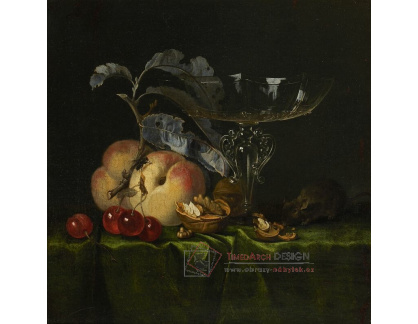 A-6710 Hendrik de Fromantiou - Zátiší s broskvemi, vlašskými ořechy, myší a benátskou sklenicí na víno