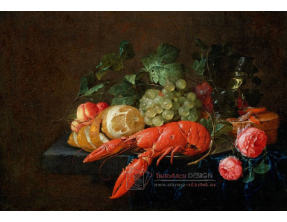 D-6607 Cornelis de Heem - Zátiší s humrem, růžemi, rumem a citronem na kamenném soklu