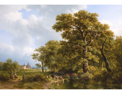 SO XVI-295 Barend Cornelis Koekkoek - Letní krajina s kravami a hradem v dálce