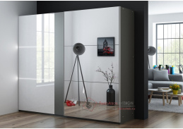 TUNIS, šatní skříň s posuvnými dveřmi 250cm, grafit / bílý lesk / zrcadlo