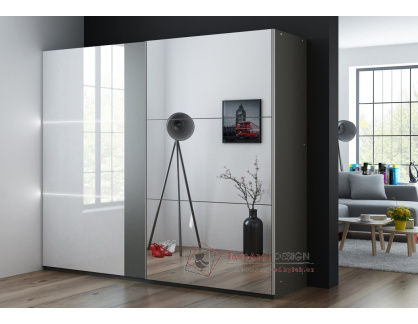 TUNIS, šatní skříň s posuvnými dveřmi 250cm, grafit / bílý lesk / zrcadlo