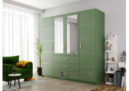 BASILIO D4, šatní skříň 4-dveřová se 3-mi zásuvkami 196cm, zelená / zrcadla