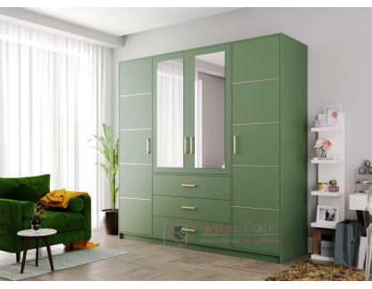 BASILIO D4, šatní skříň 4-dveřová se 3-mi zásuvkami 196cm, zelená / zrcadla