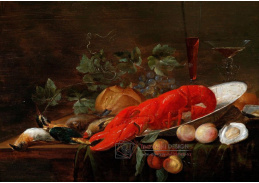 A-1377 Pieter van Overschie - Zátiší s humrem, mrtvými ptáky, ovocem, ústřicemi a chlebem na stole