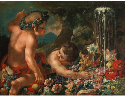 A-3338 Abraham Brueghel - Dva amoři s květinami poblíž fontány