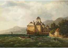 A-1555 August Piepenhagen - Pohled na hrad Chillon na Ženevském jezeře