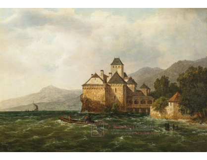 A-1555 August Piepenhagen - Pohled na hrad Chillon na Ženevském jezeře