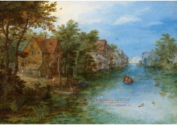 A-2245 Jan Brueghel - Vesnický kanál s postavami, čluny a molem