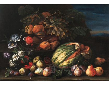 A-8446 Pietro Paolo Cennini - Meloun, švestky, fíky, hrušky, hrozny a další ovoce s vázou květin