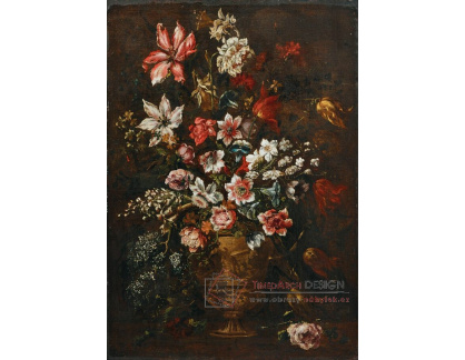 A-5785 Neznámý autor - Tulipány, růže, lilie a další květiny v bronzové váze