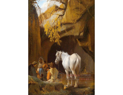 KO V-164 Philips Wouwerman - Postavy a bílý kůň před jeskyní