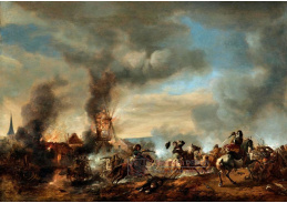 D-9650 Philips Wouwerman - Jezdecká bitva s hořícím větrným mlýnem