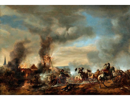 D-9650 Philips Wouwerman - Jezdecká bitva s hořícím větrným mlýnem