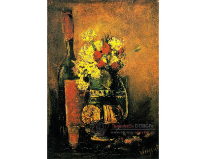R2-499 Vincent van Gogh - Váza s bílými karafiáty, růže a láhev