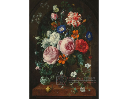 A-8859 Nicolaes van Verendael - Kytice ve skleněné váze s motýlem, housenkou a šnekem