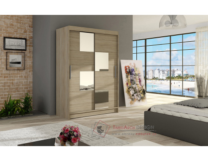 MIKADO III, šatní skříň s posuvnými dveřmi 120cm, dub sonoma / zrcadla