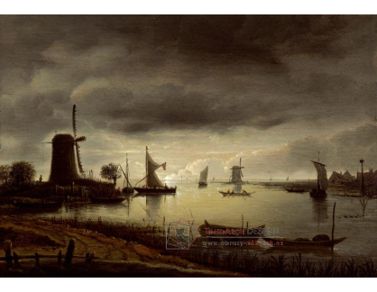 D-7003 Anthonie van Borssom - Říční scéna s větrným mlýnem a loděmi