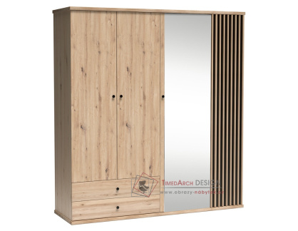 BARBUS, šatní skříň 4-dveřová se 2-ma zásuvkami 200cm, dub artisan / černá / zrcadlo