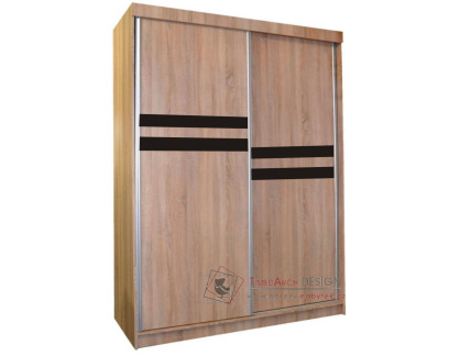ASTRA, šatní  skříň s posuvnými dveřmi 150cm, dub sonoma / černé sklo