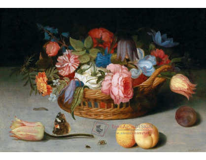 A-1312 Balthasar van der Ast - Růže, tulipány, kosatce a další květiny v proutěném koši, s ovocem a hmyzem