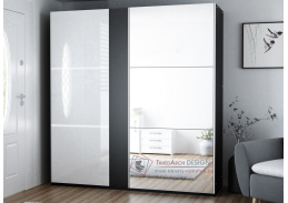 TUNIS, šatní skříň s posuvnými dveřmi 200cm, černá / bílý lesk / zrcadlo