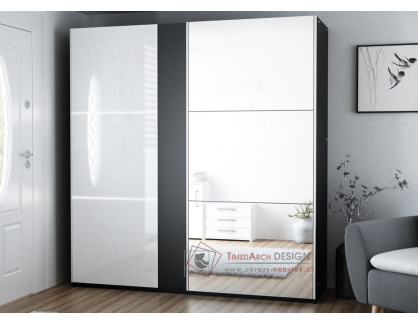 TUNIS, šatní skříň s posuvnými dveřmi 200cm, černá / bílý lesk / zrcadlo