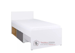 POKER R15L, postel 90x200cm, bílá / grafit / šedá / dub lefkas