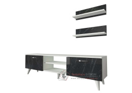 BEALTE, televizní stolek 2-dveřový + 2ks polic, bílá / černý mramor