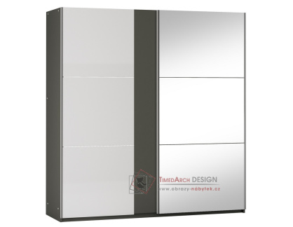 TUNIS, šatní skříň s posuvnými dveřmi 200cm, grafit / bílý lesk / zrcadlo
