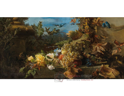 A-2571 Clara von Sivers - Bohaté ovocné zátiší s růžemi, hrozny, broskvemi a ptáky před krajinou