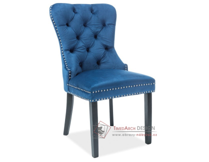 AUGUST VELVET, jídelní čalouněná židle, černá / látka modrá