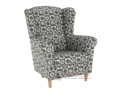 CHARLOT, čalouněné křeslo - ušák, buk / látka patchwork N1