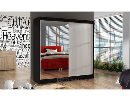 BAJA I, šatní skříň s posuvnými dveřmi 200cm, černá / bílá / zrcadlo
