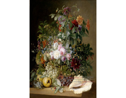 VKZ 433 Arnoldus Bloemers - Velké dekorativní zátiší s květinami, ptačím hnízdem, granátovými jablky a mušlemi