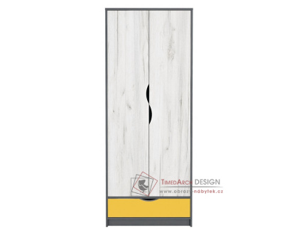DISNEY, šatní skříň 2-dveřová 2D, dub kraft bílý / šedý grafit / žlutá
