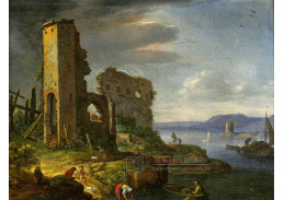 KO III-175 Herman Saftleven - Říční krajina se zříceninou, lodí a postavami