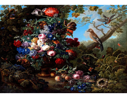 A-1356 Johann Baptist Drechsler - Velké květinové zátiší s ptáky
