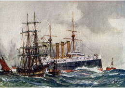 A-3062 Charles Edward Dixon - Obrněný křižník HMS Kent míjející maják South Sand na Goodwin Sands