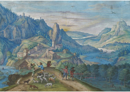 A-7503 Johann Jacob Besserer - Horská krajina za soumraku s údolím řeky a postavami