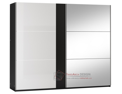 TUNIS, šatní skříň s posuvnými dveřmi 250cm, černá / bílý lesk / zrcadlo
