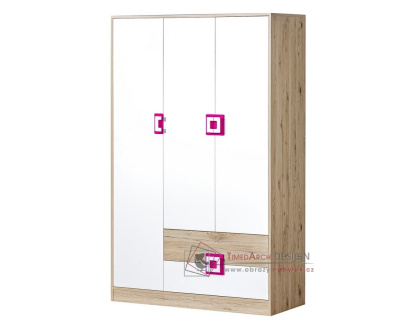 NIKO 03, šatní skříň 3-dveřová 120cm, dub jasný / bílá / růžová