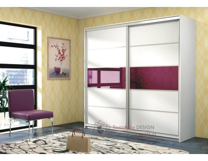 DUBAJ, šatní skříň s posuvnými dveřmi 220cm, bílá / fialové sklo